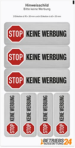 7 x STOP keine Werbung Aufkleber - PROTECT-Folie, selbstklebend - 3 Stk. 9,0 x 3,0 cm / 4 Stk. 6,0 x 2,0 cm - Kratz- & abriebfest - Farbe:Edelstahloptik Für Innen & Außen - Betriebsausstattung24