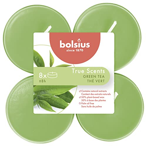 Bolsius True Scents Duft-Teelichter - Duft Grüner Tee - Set mit 8 Stück - Farbe Grün - Lange Brenndauer von 8 Stunden - natürliche Extrakte - dekorative Kerze - Wachs - rauchfrei