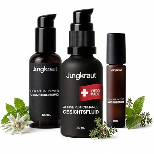 JUNGKRAUT Gesichtspflegeset für Männer, Schnelle Gesichtspflege mit Reinigungsgel, Feuchtigkeitscreme und Serum, spendet Feuchtigkeit, gegen fettige Haut, Anti-Aging Effekt, natürlich, aus der Schweiz