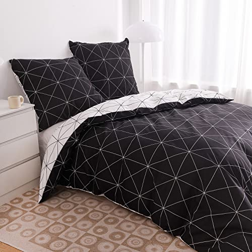 Housse de Couette 220x240 Blanche Noire à Carreaux Géométrique Parure de Lit 3 Pièces Microfibre Linge de Lit Modern 2 Personnes Ensemble Literie avec Fermeture éclair et 2x 65x65cm Taies d'oreiller
