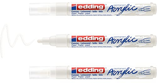 Edding 5100 Acrylmarker, mittel - Weiß - 3 wasserfeste Acrylmarker - runde Spitze 2 bis 3 mm - Acrylstift zum Malen auf Leinwand, Kunstpapier und Holz - Acrylmarker für Kieselsteine