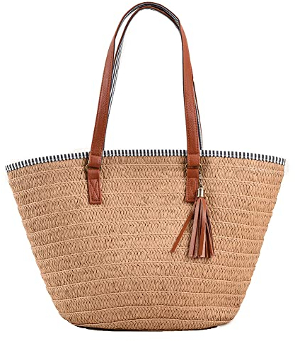 TIAASTAP Strohtaschen Damen, Sommer Strandtasche Stroh Groß Geflochten Korbtasche Stroh Handtasche Basttasche mit Reißverschluss und Leder Schultergurt für Strand Reise Einkauf, Braun