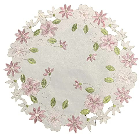 Wambere 4 Stück Blumenstickerei Tisch Tischset,Durchbrochener Stoff Untersetzer Runden Blumen-Form Matte Tischset Platzsets Deckchen Cup Coasters für Esszimmer Küche Bankett Hochzeit Deko 25cm,Rosa A