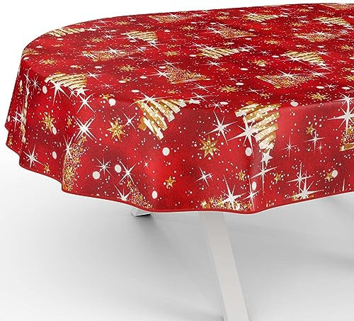 Tischdecke aus Stoff Textil abwaschbar Tischwäsche Tischtuch Baumwolle Polyester Christmas Beige Oval 180x140cm In-/Outdoor Tischdecke