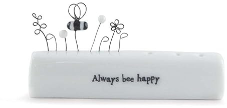 East of India Räucherstäbchenhalter aus Porzellan mit den Worten – Bee Happy, Blütenknospenhalter, Geschenk für Freunde, Andenken, Blumenornament