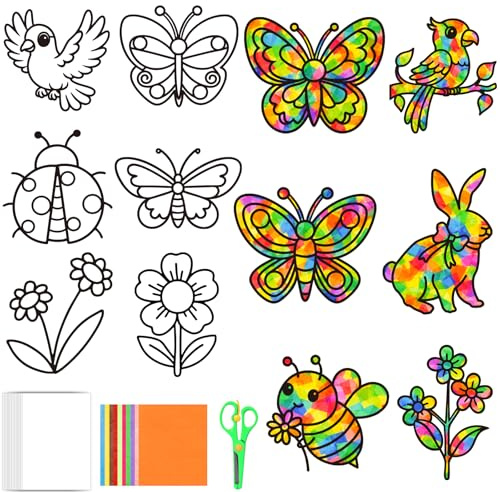 JOYEASE 12 Stück Frühling Ostern Basteln Kinder, Fensterbilder Frühling mit Schmetterling Blume Vogel Hasen, Bastelsets für Kinder, Frühlingsdeko Fenster