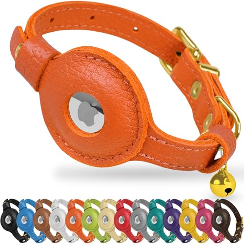 OOPSDOGGY AirTag-Katzenhalsband aus Leder mit Glöckchen, Nicht abreißbar, mit Apple Airtag-Halter, leichtes GPS-Haustierhalsband für Mädchen, Jungen, Katzen, kleine Hunde, Welpen (Orange)
