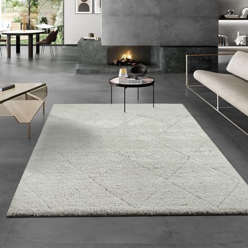 the carpet Velvet eleganter Designer Teppich Wohnzimmer, weicher & pflegeleichter Hochflor Wohnzimmerteppich in Creme-Raute 120 x 170 cm