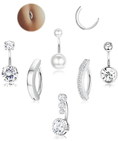 FIOROYAL 6 Piezas Piercing Ombligo para Mujeres, 14G Acero Quirúrgico, Oro/Plata, CZ Clicker Chapados S
