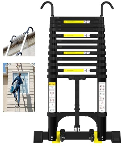 Wolec 12.5 FT Telescoping Ladder with Hooks, Adjustable Multi-Purpose Collapsible Extension with Stabilizers & Wheels, Heavy Duty 330 lbs Max Capacity, Ideal for Home and Outdoor Work,Black