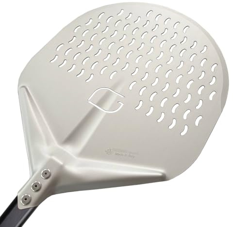 GIEMME Pelle à pizza perforée en aluminium, Professionnel, Anodisée, Forme ronde, Plat perforé (Pelle : Ø 33 cm, Longueur du manche : 60 cm)