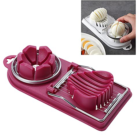 Vllcsla Egg Cutter Stainless Steel Quail Egg Cutter for Hard/Soft Boiled Eggs - 2 in 1 Egg Cutter Slicer with 2 Cutter Shapes, Multi-Function Separates Egg Slicer and Wedger (Red)