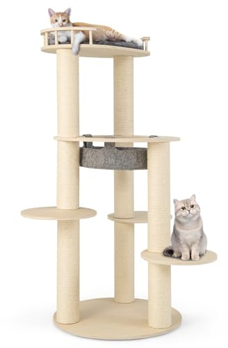 COSTWAY 6-stöckiger Kratzbaum Holz, Katzenbaum mit Hängematte & 4 Liegeflächen & 3 dicken Stämmen, Katzenkratzbaum Groß, Katzen Katzenmöbel, Kletterbaum Aktivitätsbaum, Grau+Natur, 66x66x150cm