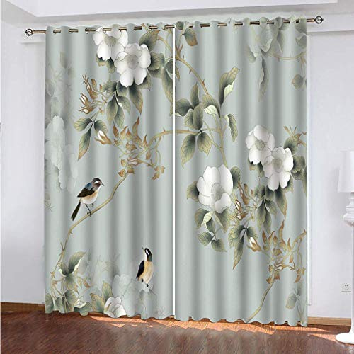 3D Blumen-Vogel-Druck Druck Vorhang Blickdicht, Verdunkelungsvorhang Modern Wohnzimmer Schlafzimmer Kinderzimmer, Thermogardine Mit Ösen Verdunklungsvorhänge 2Er Set 240X264cm (HxB)