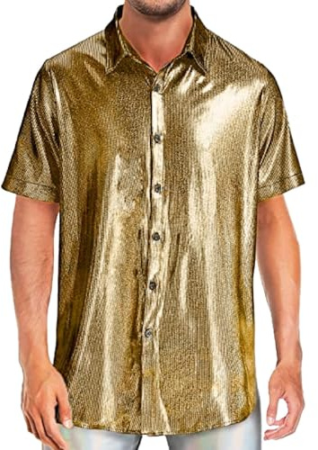 Glitzer Hemd Herren Gold T-Shirt Pailletten Hemd 70er Disco Metallic Glänzend Bronzing Shirt Oberteil Tops für Männer Goldenes Silber Shirts Nachtklub Partyshirt für Club Cosplay Karneval Kustüm