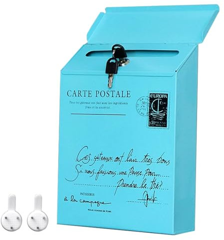 LYUCAYHQ Cassetta Postale in Ferro Battuto, Cassetta Lettere, Cassetta della Posta con Serratura, Vintage Impermeabile per Esterni, Decorazione da Giardino(Blue)