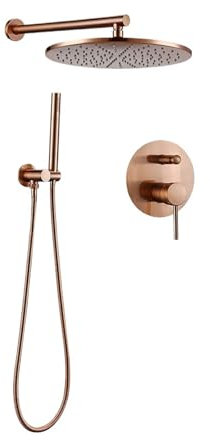 Juegos de ducha de rosa cepillada, grifo mezclador de baño frío y caliente de latón, brazo de montaje en pared con desviador, cabezal de ducha Rian de mano(8inch)