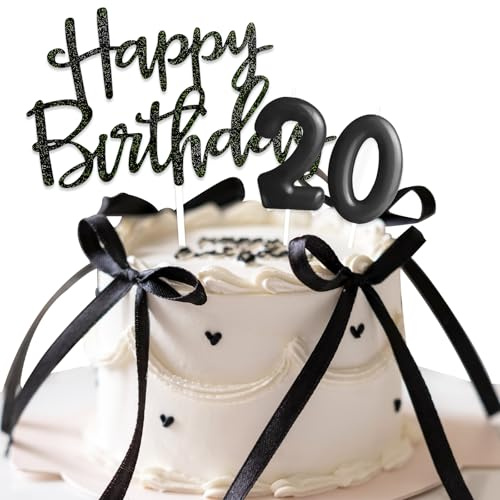 Decoracion Cumpleaños 20 añs Negro, Velas Cumpleaños y Happy Birthday Decoración Pastel con Cinta, Decoracion Cumpleaños 20 añs Niños Niñas