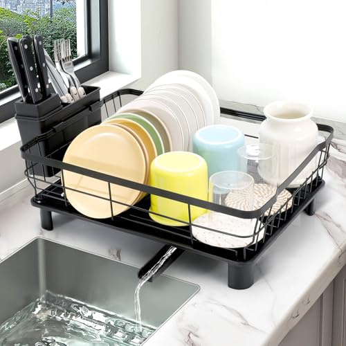 VINATO Égouttoir à Vaisselle Noir – 43x33x15cm Dish Rack Compact, Égouttoir sur Évier avec Plateau Amovible, Rangement Cuisine Organisateur en Acier Carbone