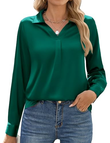 Zeagoo - Camicetta da donna in satin, a maniche lunghe, elegante, scollo a V, in seta, tinta unita, da lavoro, verde, M