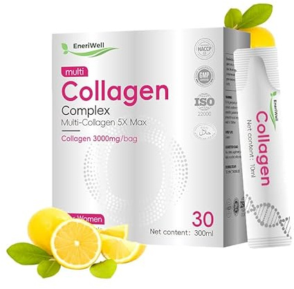 EneriWell Multi Collagen 5X Max Dietary Supplement Lemon Flavor Drink 30 Packets Peptides - 3000mg Halal Liquid Collagen Sachets - Gifts for Women
