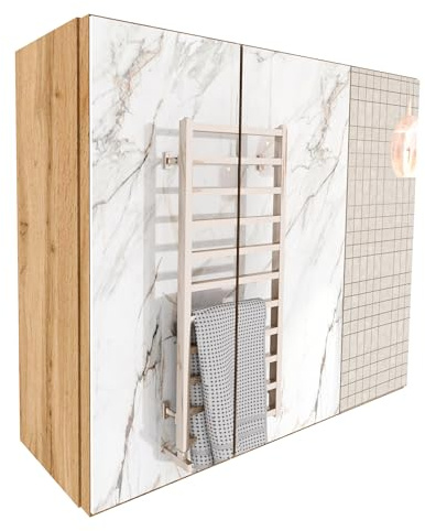 möbelkap Spiegelschrank Bad 60x50x17,8 cm Wotan Eiche – Badezimmerschrank, Badschrank und Hängeschrank mit Spiegel, 3 Ablageflächen Stauraum, beidseitig montierbare Tür, Wandschrank zur Wandmontage