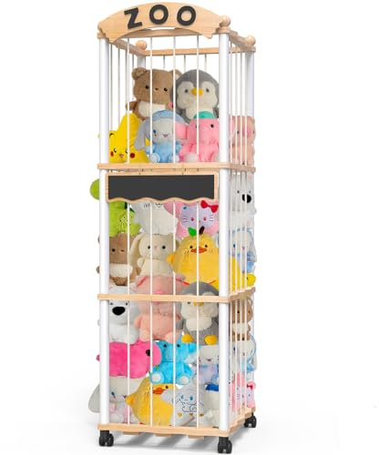 Kuscheltier Aufbewahrung Holz Plüschtier Lagerung Spielzeug Aufbewahrung | Platzsparend Große Kapazität mit 360°Bremse Ausgestattete Räder,132x42x42cm für Spielzimmer Schlafzimmer,Kinderzimmer