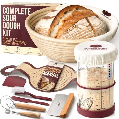 Superbaking Sourdough Starter Kit: 9 Banneton Basket, Silicone Sling & Jar