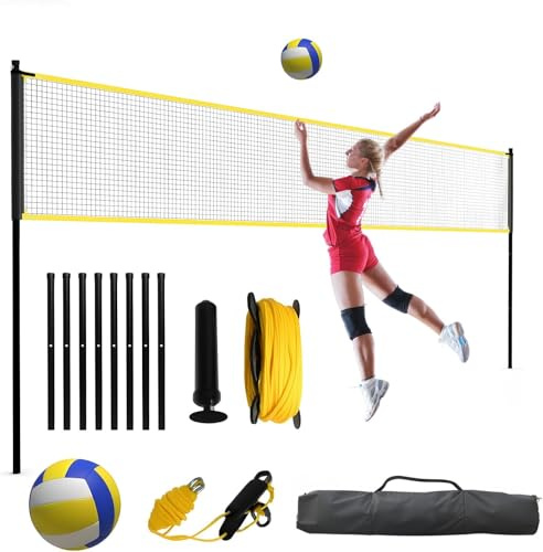 Virimolo Volleyballnetz Set für Garten, 975cm Faltbare Beachvolleyball Set, Höhenverstellbares Outdoor Volleyballnetz Set mit Tasche, PU-Volleyball, Handpumpe, Seilen, Für Jugendliche und Erwachsene
