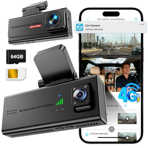 4G LTE Dash Cam med SIM-kort, livestreaming bilsäkerhetskamera fram och kabin, 24/7 parkeringsläge, AI-rörelsevarningar, fjärrvisning och 2-vägskommunikation, SD/moln, anti-stöldövervakning för flotta