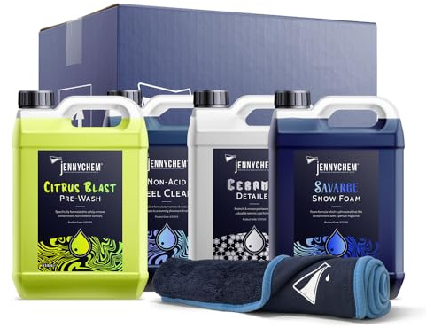Detailing Essentials Kit – 4 x 5L Car Cleaning Set with Citrus Pre Wash, Snow Foam, Wheel Cleaner, Ceramic Detailer & Drying Towel | Professional Car Detailing Kit