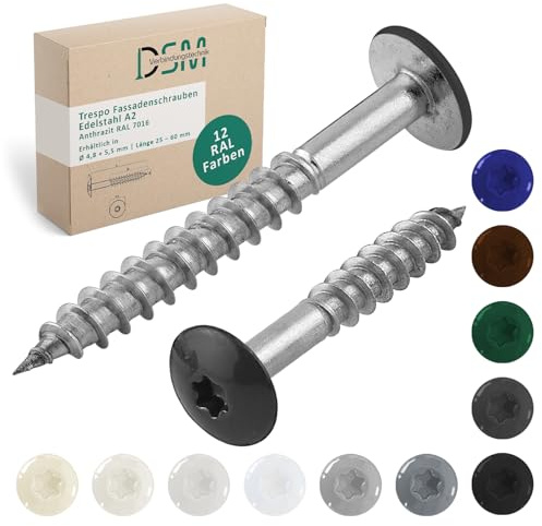 DSM – Trespo Fassadenschrauben 4,8 x 25 mm – 50 Stück Anthrazit | RAL 7016 – Edelstahl A2 Flachrundkopf mit Torx TX20 – selbstschneidend [TrueSpec Präzision] Holzbauschrauben für HPL Platten