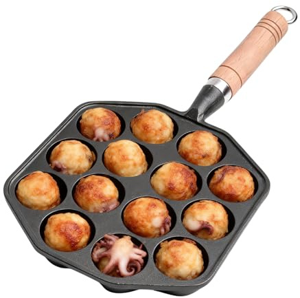 Cocoarm 14 Hole Takoyaki Pan, Cast Iron Nonstick Grill Skillet with Removable Handle, for Octopus Balls Pancake Baking