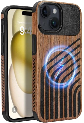 ZZDZZ Coque Magnétique pour iPhone 15 [Compatible avec MagSafe] Étui en Bois et Cuir Protection Antichoc Housse pour iPhone 15 - Bois Cuir