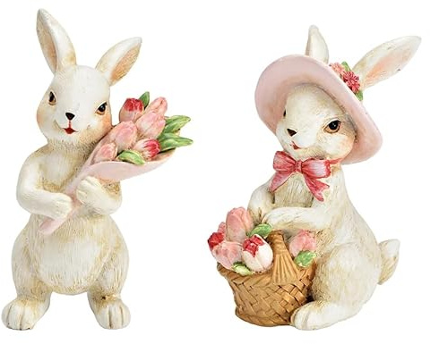 Logbuch-Verlag Hare dekorativ figur, set om 2, vit med korg och tulpanbukett av poly, 7 x 12 x 6 cm, påskdekoration, vår, vintage, dekorativa figurer