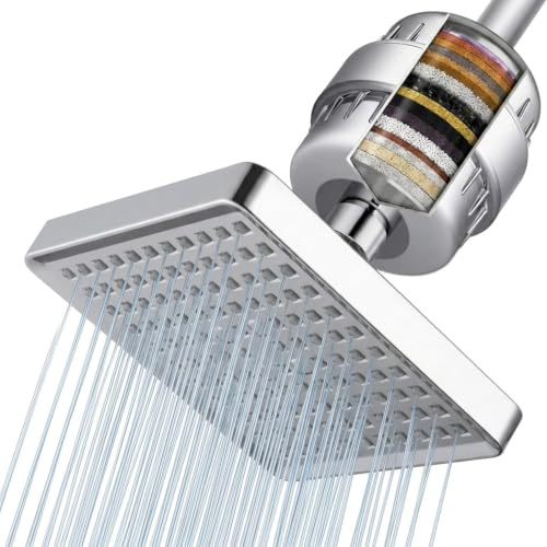 Shower Head with Filter, 6 Square Shower Head | High Pressure Rain with Built-in Filtration, Removes Chlorine & Impurities, No-Tool Easy Installation
