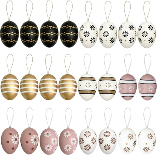 BAHME 24 Pcs decorazioni pasquali Uova Pasquali da Appendere, Ovetti Pasquali Decorativi con Nastri, Punti e Strisce, Uova Decorative Pasquali per Decorazione del Cespuglio di Pasqua, Caccia di Pasqua