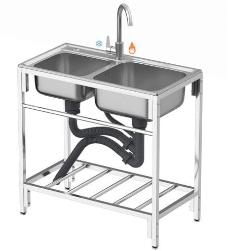 WIQUYBML Lavello per Ristorante Commerciale, lavello da Cucina in Acciaio Inossidabile a Doppia Vasca con Rubinetto Caldo/Freddo, Catering per Hotel