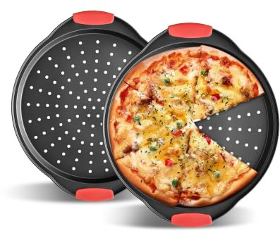 Teglia per Pizza con Manici Silicone, Teglie Rotonde Pizza Fori Perforati | Teglia Forno Antiaderente, Acciaio al Carbonio, Teglie Pizza da Forno, Manici Silicone, Lavabile Lavastoviglie 37,6x33x2cm