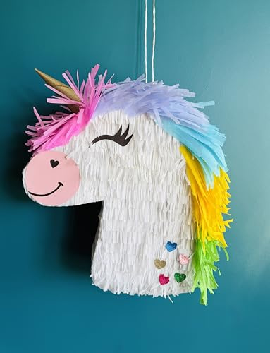 Handgemachte Einhorn-Piñata, Weiß mit Regenbogen-Mähne, Geburtstag, 50 cm, Partydekoration