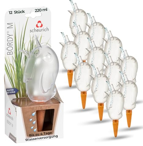 Scheurich Wasserspender Bördy M | 12 x Klar | 220ml Füllmenge | Bewässerungskugel klein mit Ton Fuß | Wasserspender Pflanzen und Blumen Terrakotta Stiel