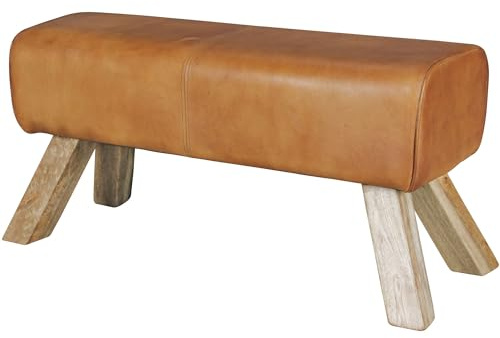 Wohnling Design Turnbock Sitzbank Echtleder, braun, 90 x 30 x 43 cm | Lederhocker mit Holzbeinen im Turnbock-Design, Sitzbank kultig, Fußhocker für Wohnzimmer und Flur
