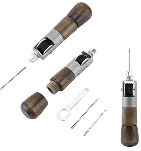 Leder-Handstich-Werkzeug mit Schlossstich-Ahle + 2 Nadeln + Schraubenschlüssel, DIY Leder Handgefertigte Nähahle Kit