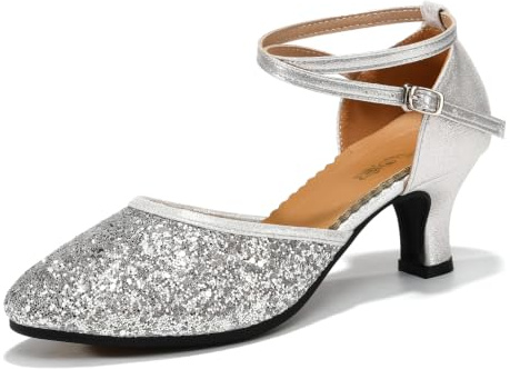 SWDZM Zapatos Baile Latino Mujer Cerrados Lentejuelas | Tejido con lentejuelas,Tacón 5,5cm,suela de goma antideslizante,ideal para bailar sobre suelos de madera y para el uso diario