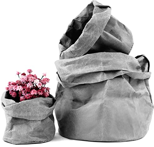 Set 3 Maceteros Decorativos Interior Ecológicos - Cubremacetas de Papel Kraft Lavable - Tiestos para Plantas o Macetas Decorativas - Organizador, Cesta Almacenaje Baño Gris