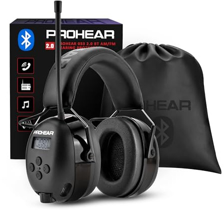 PROHEAR 033 Upgraded Bluetooth 5.4 Hearing Protection Headphones with FM/AM Radio, OSHA-Compliant 25dB NRR Safety Earmuffs, Rechargeable 48H Playtime for Mowing, Workshops and Snowblowing – Black
