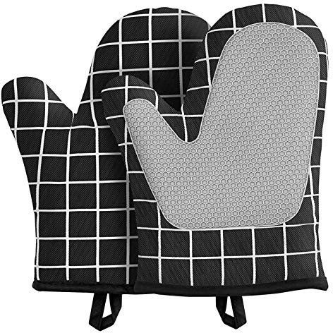 KAISUN Gants de Cuisine Anti Chaleur,Gants de Cuisson en Silicone Antidérapant Résistant à La Chaleur Gants de Four en Coton pour Cuisine,Cuisson,BBQ (Noir)