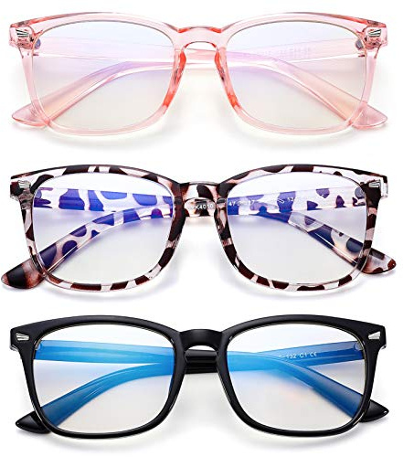COASION Blue Screen Glasses for Kids Age 3-12, 3 Pack Blue Light Blocking Glasses for Girls Boys, Computer Gaming Fake Eyeglasses (Leopard + Clear Pink + Black)
