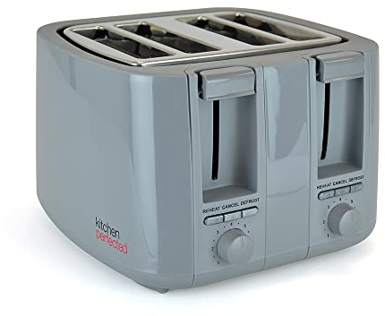KitchenPerfected 4 Slice Wide Slot Toaster, 7 Browning Settings, Defrost/Reheat/Cancel, High Lift, Centralisation Even Toasting - Anthracite Grey - E2115GR