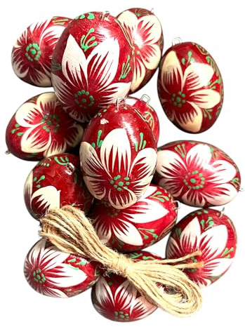 Ukrainisches Kunsthandwerk Handbemaltes Holz Osterei (Rot Bräunlich Weiß Blume) – Set mit 12 Stück – Osterdeko zum Aufhängen mit Metallöse – traditionelle Handarbeit